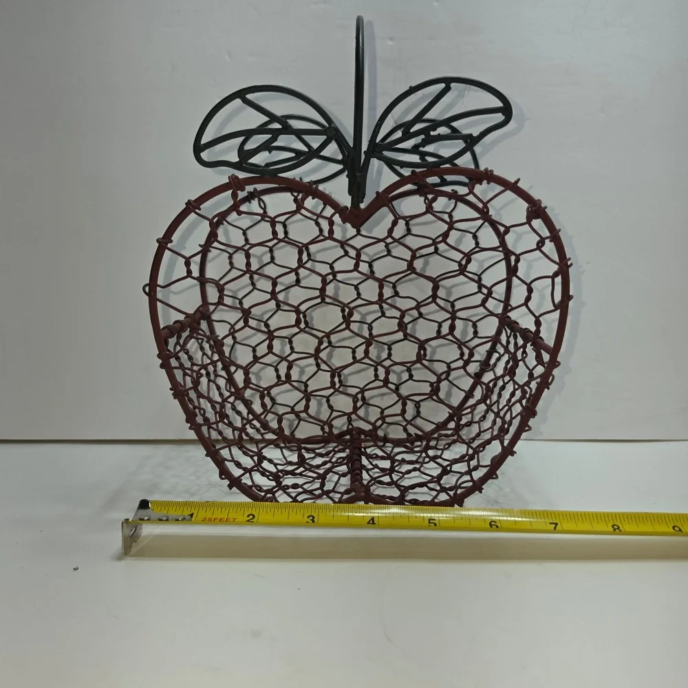 Rustic Apple Shaped Wire Fruit Basket Red Chicken Wire Farmhouse Decor Handle